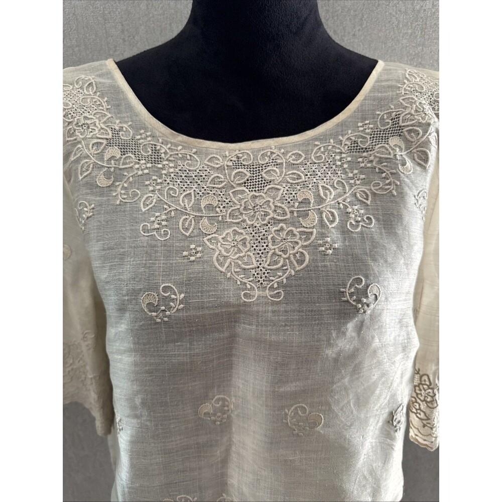Vtg Tesoro’s Manila Pure Piña Silk Embroidered Blouse Filipiniana Kimona 14 NWT